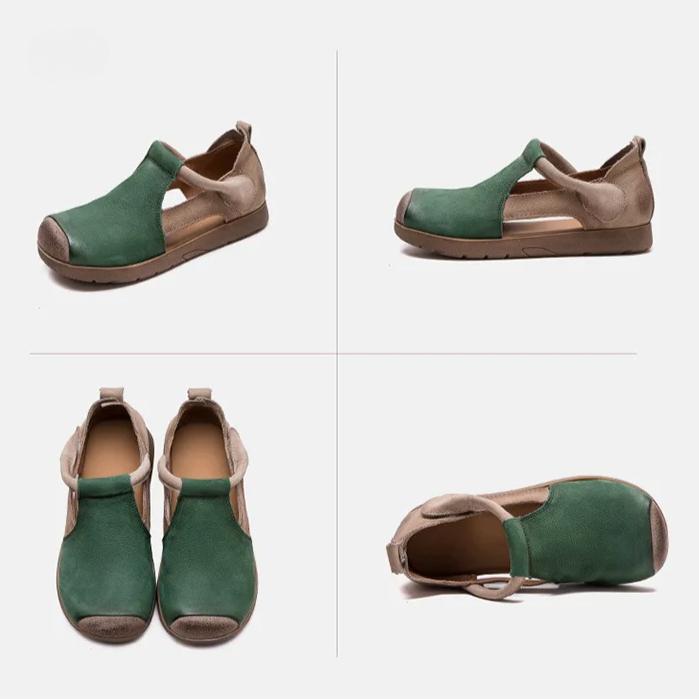 Johnature Genuine Leather Mixed Colors Sandals Round Toe Hollow Retro Style Women's Shoes