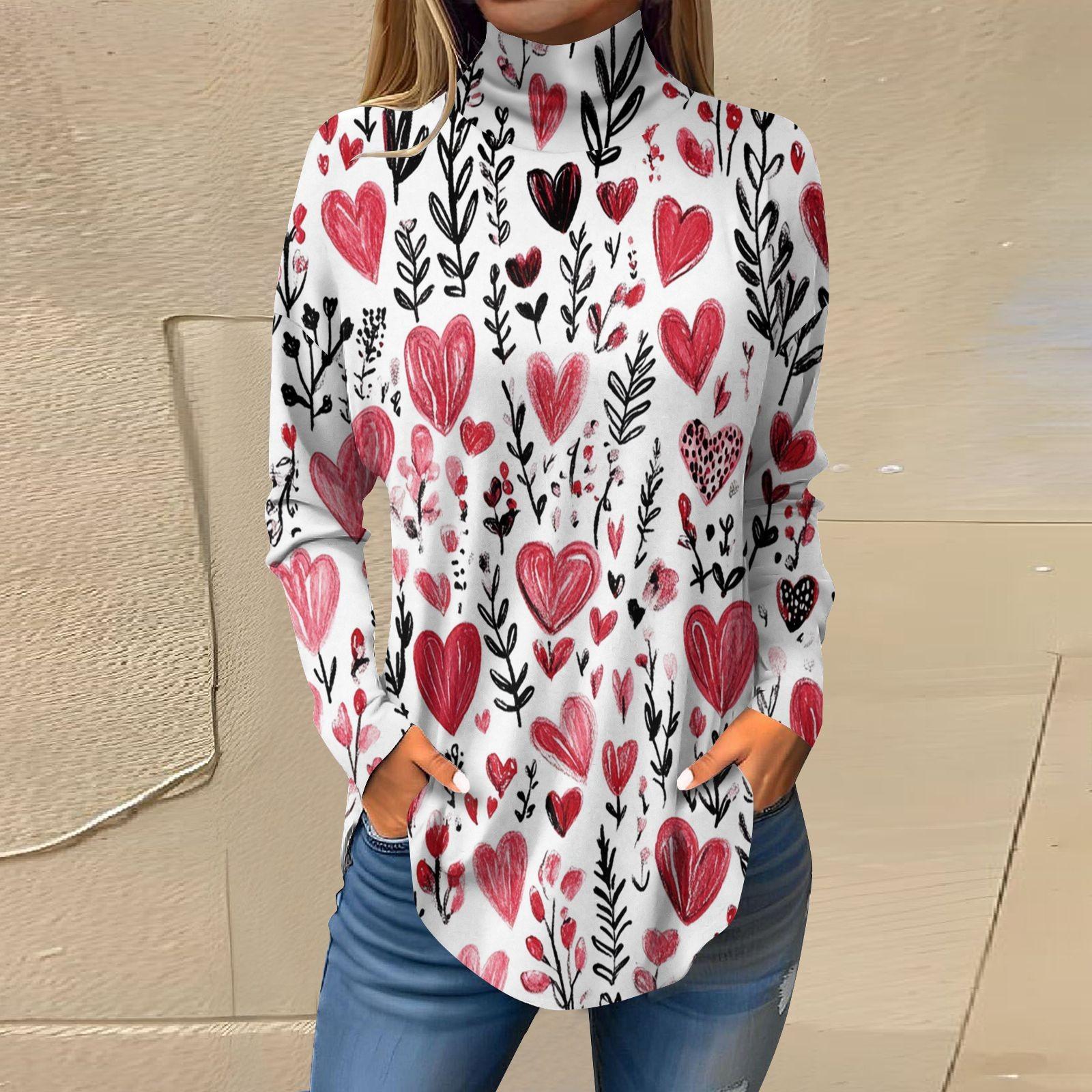 

Футболки для женщин, осенние повседневные рубашки с длинным рукавом, толстовка с принтом, топ с высоким воротом, пуловер XXL киноварь