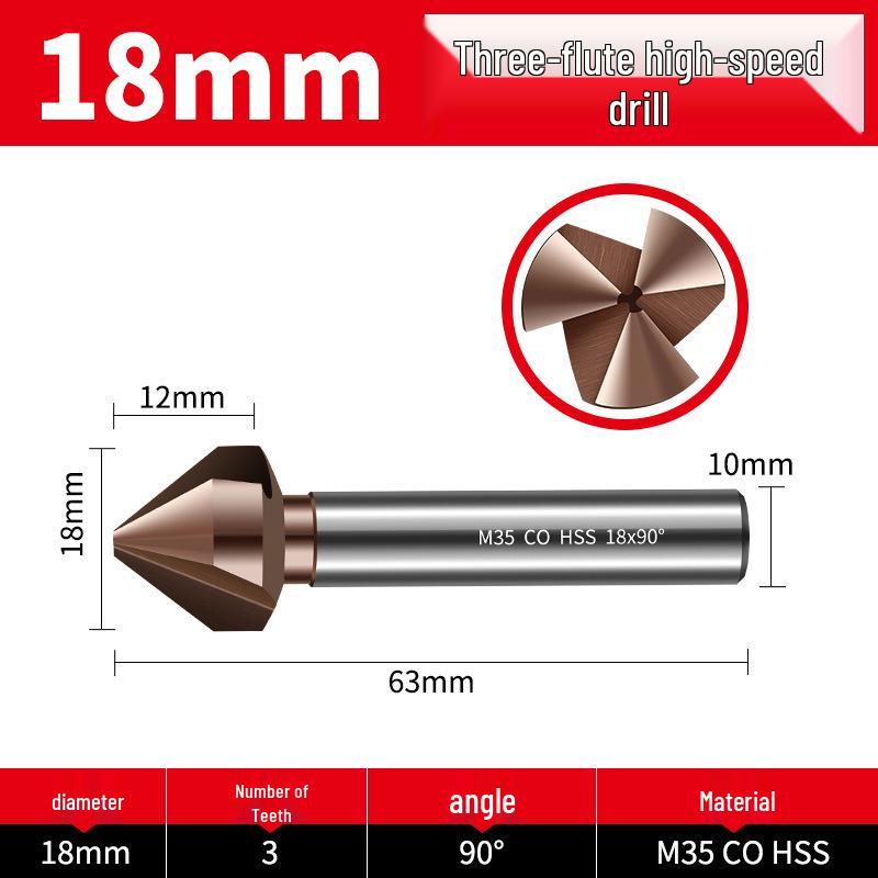 Straight Shank Single-Edge 3-Flute 45° Chamfering & Deburring Countersink Drill Bit, 90° Inner Hole Trimmer