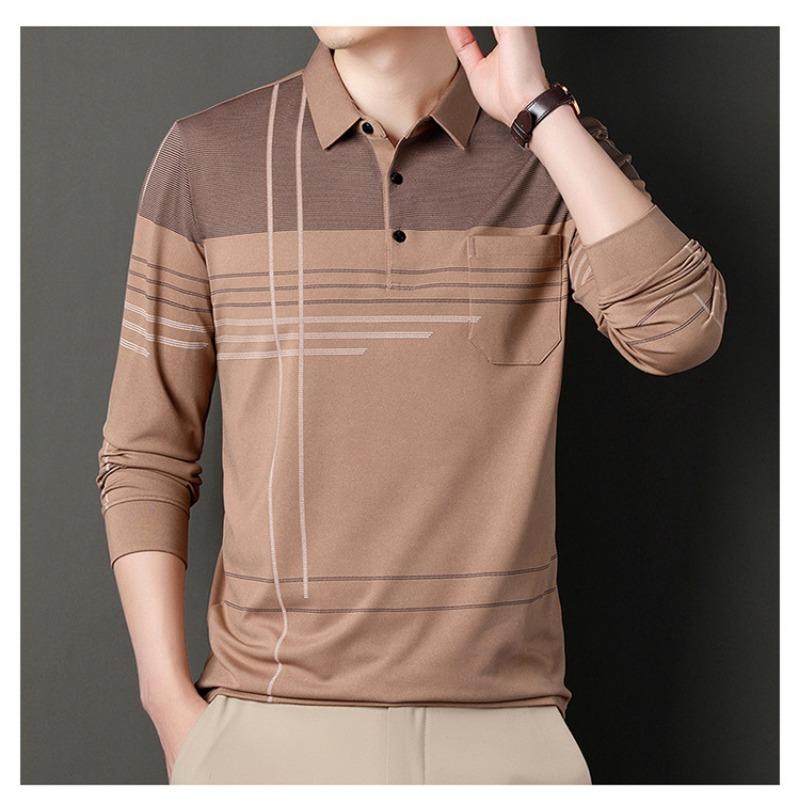 Men S Long Sleeve Striped Polo Shirt Casual Middle Age Dad Style