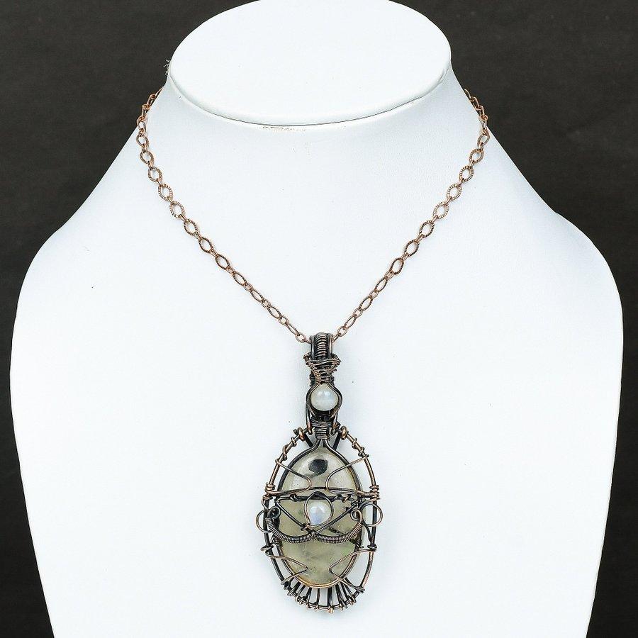 Prehnite, Moonstone Gemstone Copper Wire Wrap Jewelry Pendant 3.35"