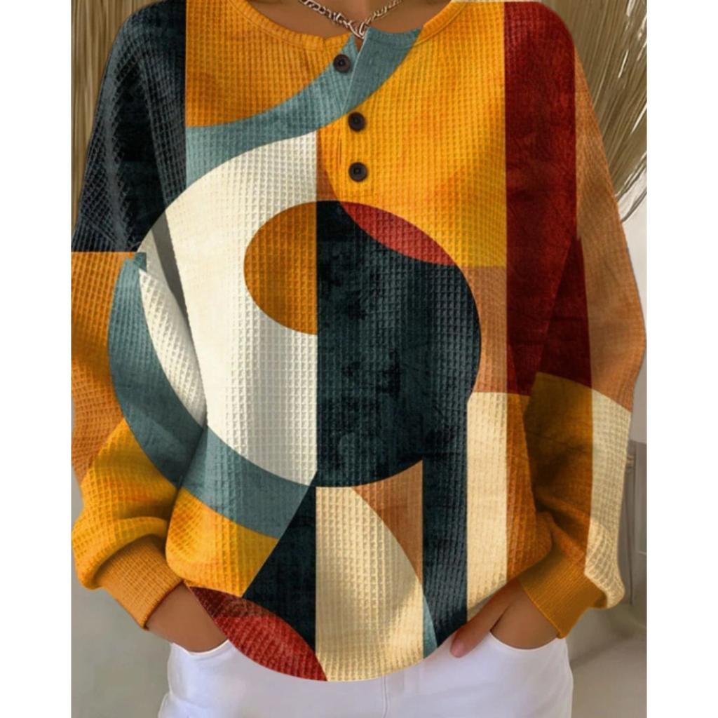 Women's Crew Neck Long Sleeve Waffle Knit Henley Top Loose Fit Casual Sweatshirt