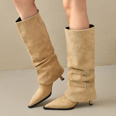 Vintage Suede Woman Knee High Boots Shoes Ladies Elegant Pointed Toe Thin Heel Long Botas Autumn Winter Removable Women's Shoes