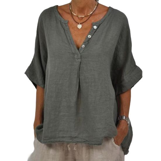 Cotton Linen Women Shirt V-Neck Buttons Half Placket Half Sleeve Breathable Loose Fit Tops Daily Wear