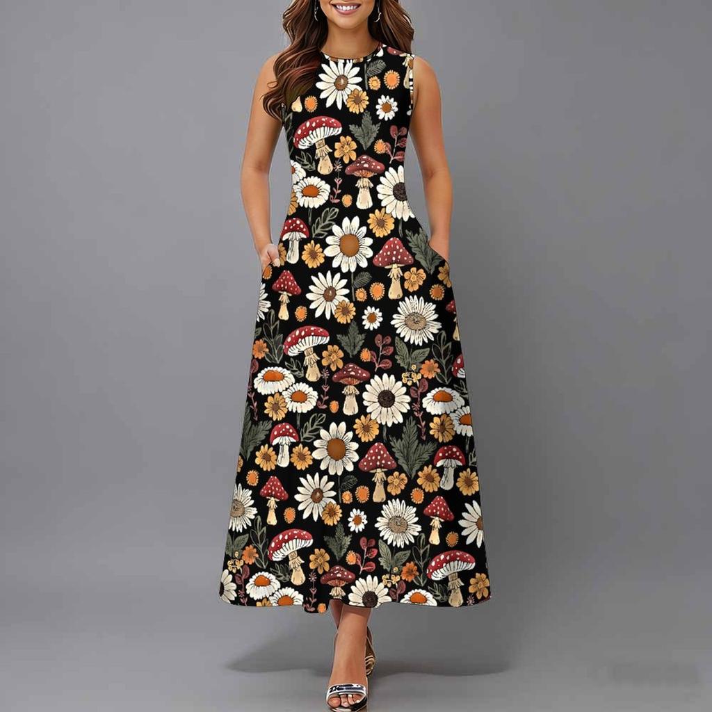 Women Plus Size Sleeveless Crew Neck Dress Watercolor Floral Printed Loose Midi Dress For Vacation Daily Wear