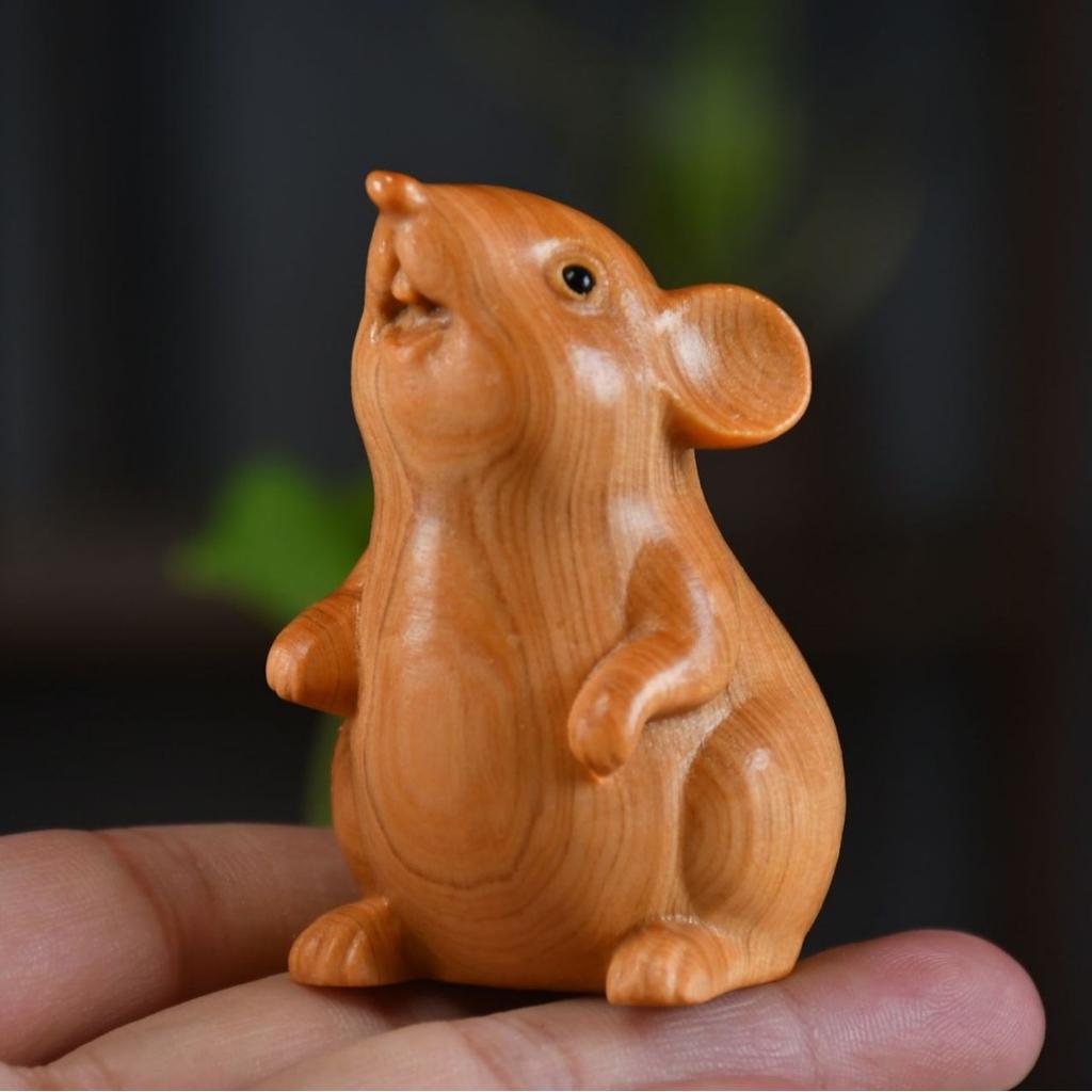 Hand Wood Carving Mouse Figurine Ornament Miniature Zodiac Rat Animal Handicrafts office desk Home Decoration Kids Event gift