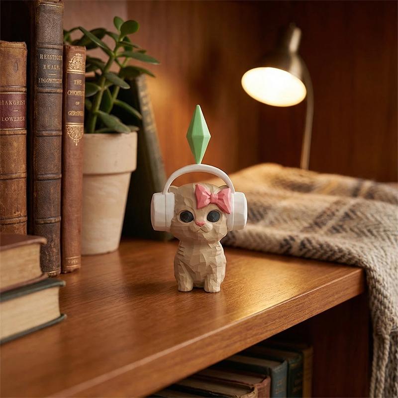3D Printed Cat Figurine With Headphones & Plumbob Decor-Cute Geometric Kitten Statue,Home Desk Decor,Kawaii Room Accents Gift