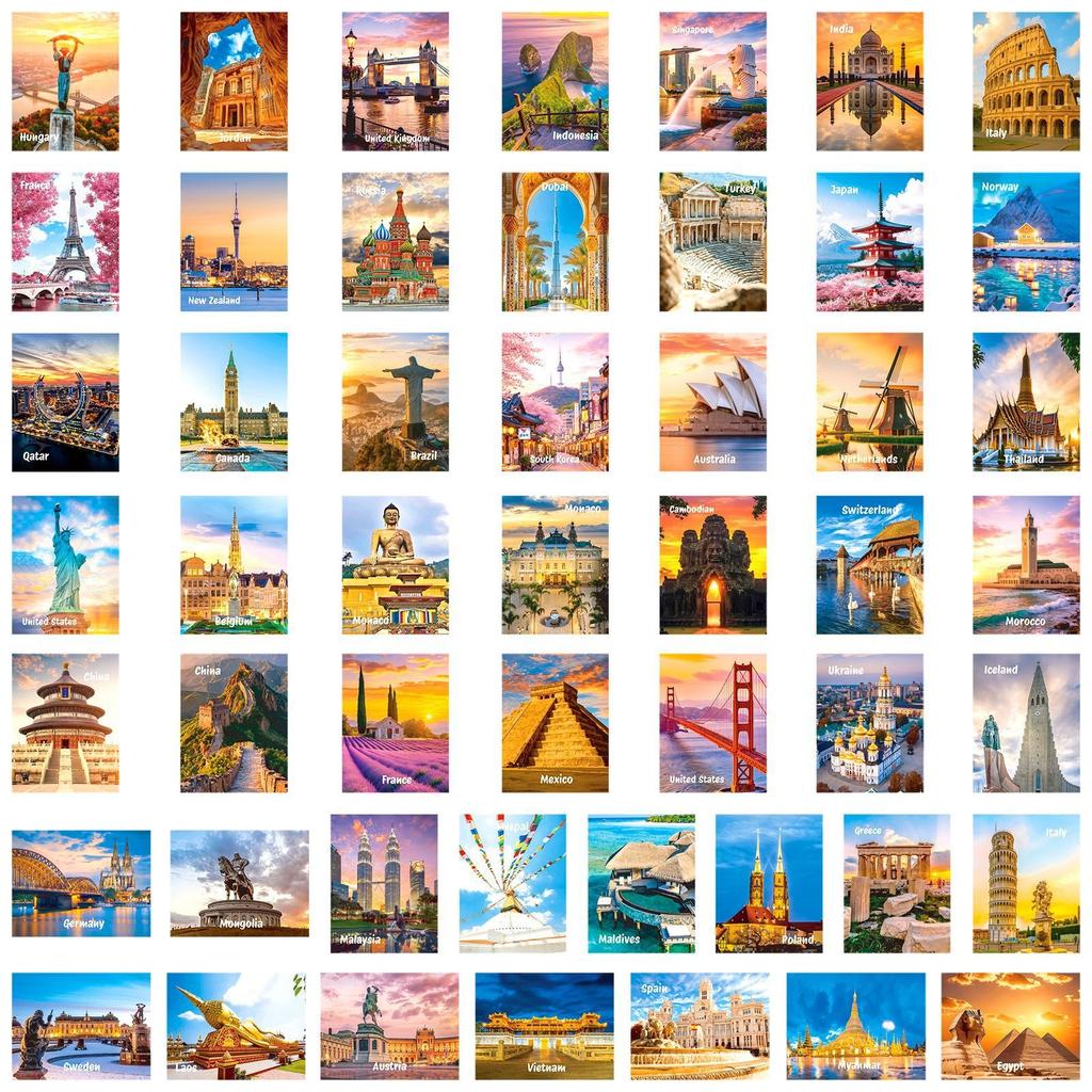 50Pcs/Set Famous City Landmarks Mini Poster Stickers DIY Fashion Waterproof Doodle Decals Stickers (2 Styles)