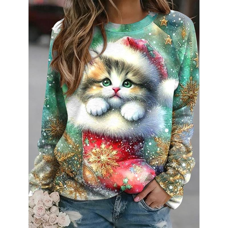 Christmas Women's Sweatshirts Cute Cat Graphic Casual Long Sleeve O-Neck Regular Tops