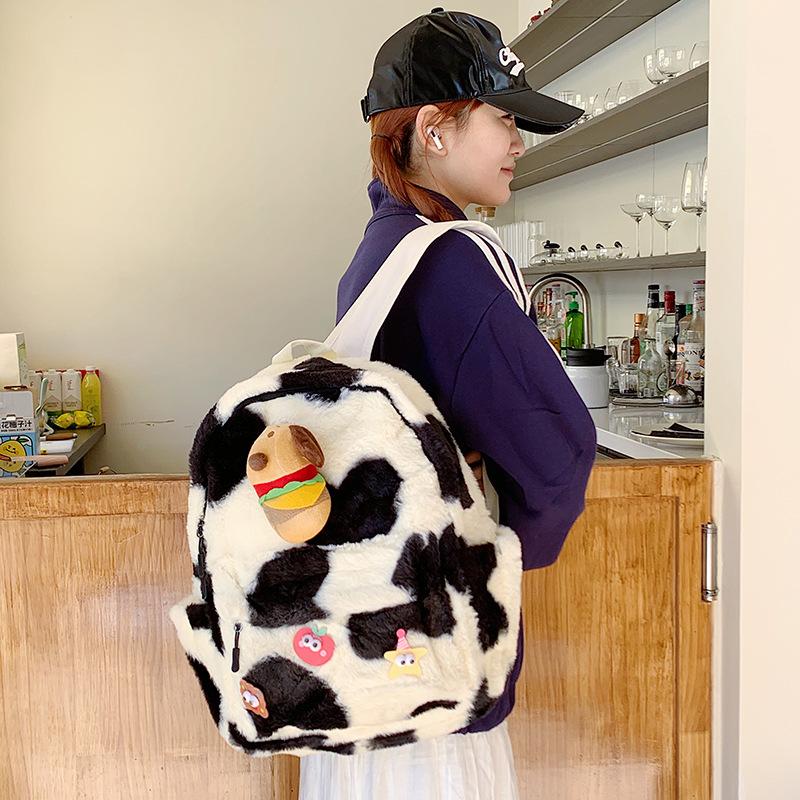 Burger Apple Dog Star Decoration Black And White Large Capacity Plush Backpack