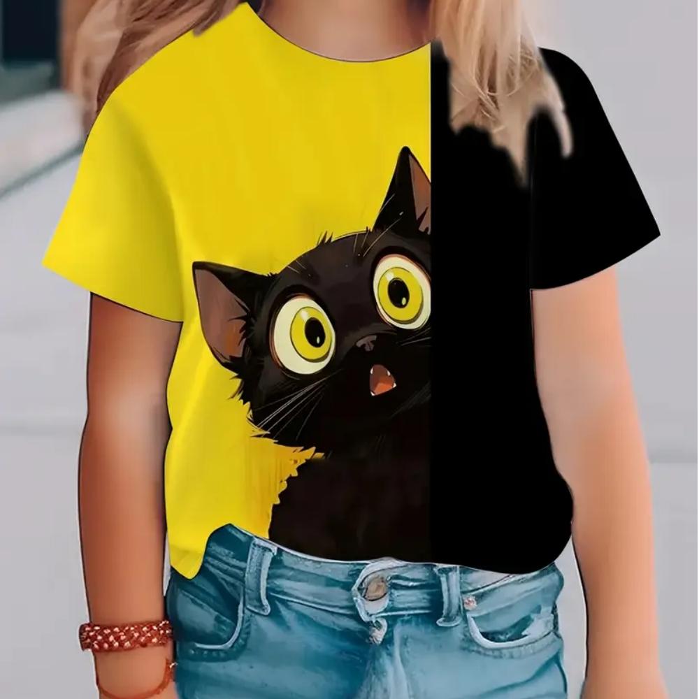 

Детская одежда для девочек с принтом, милый графический рисунок кошки, летняя мода, повседневная футболка с короткими рукавами и круглым вырезом, уличная одежда 100