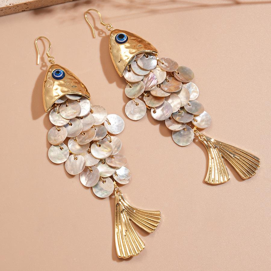 Fish-shaped Shell Tassel Ear Hooks Seaside Resort Style High-end Earrings for Women