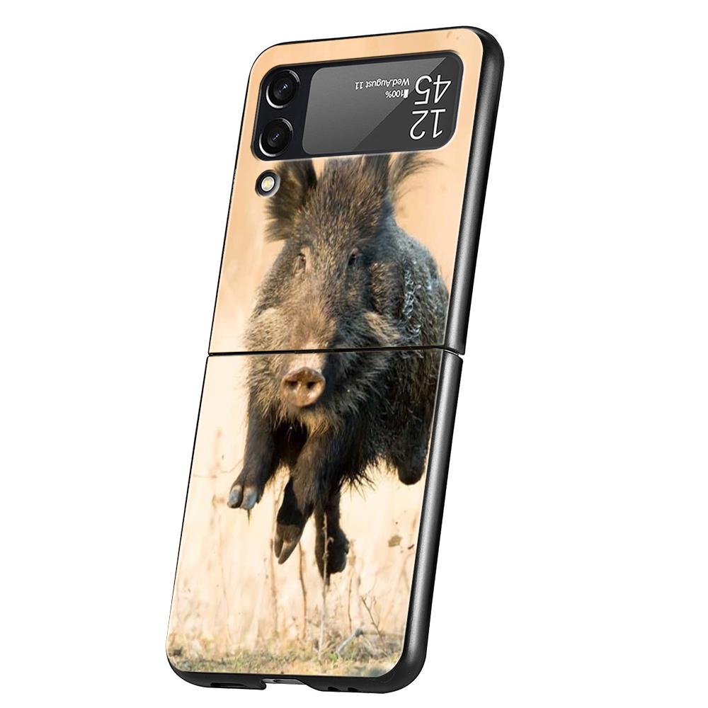 Luxury Phone Case For Samsung Galaxy Z Flip 3 4 5 6 Hard Black Folding PC For Samsung Z Flip3 Flip4 Flip5 Cover Animal Wild Boar