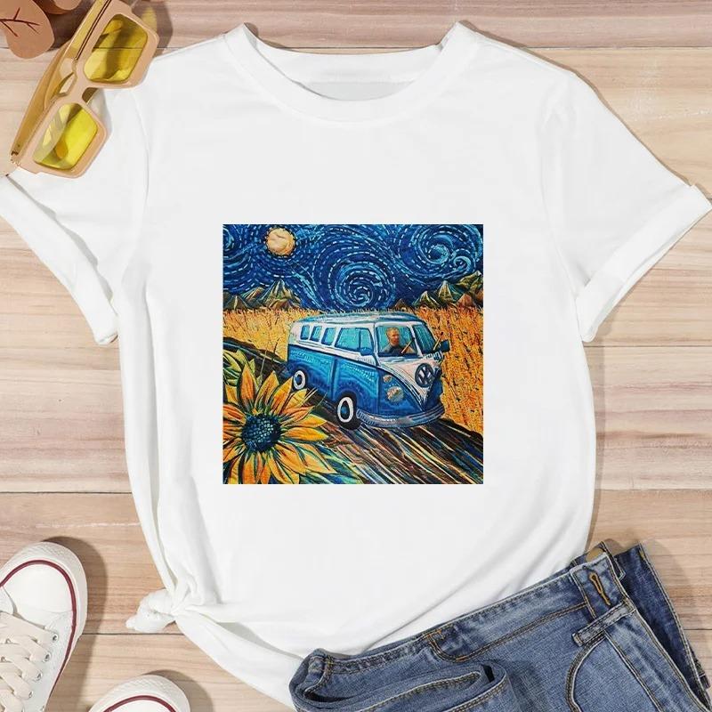 ZX TEE Van Gogh Printed Streetwear Fashion Girls T-Shirts Harajuku White Clothing Short Sleeve Summer Tees Casual Female O-Neck Tops