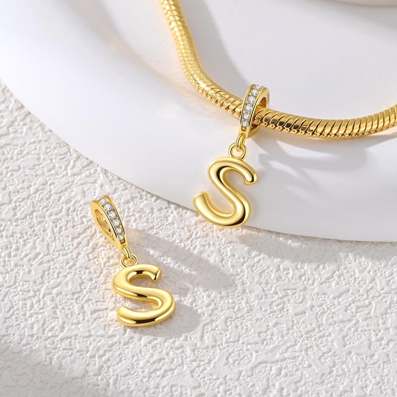 Copper Charms Golden Zircon Alphabet A-Z Beads Pendants Dangles Fit Original Charm Bracelet Women Diy Gift Jewelry
