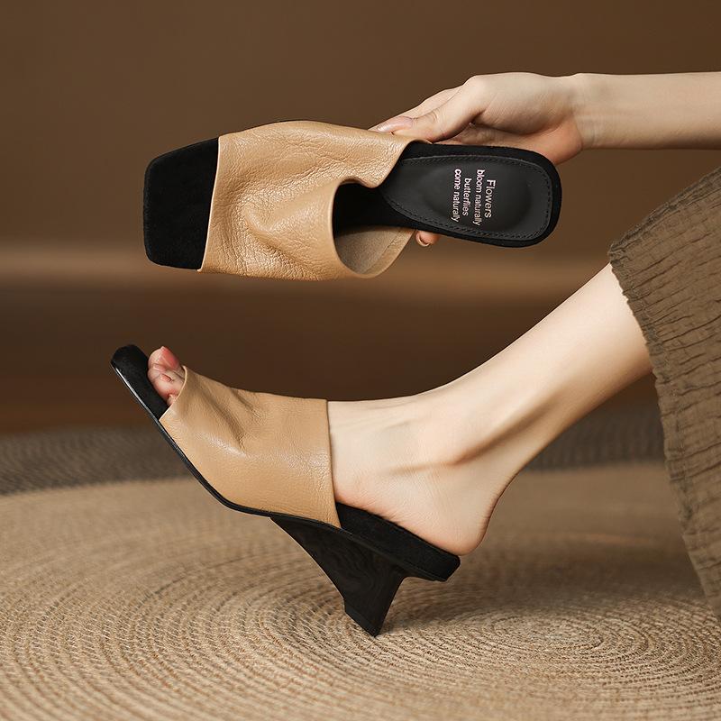 Sheepskin version is very easy to wear retro square head one-word slippers women's summer shoes special-shaped and cool slippers