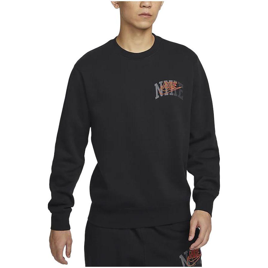 Nike Club Fleece Letter Logo Embroidery Crew Neck Fleece Lined Sweatshirt Men's Black FV4446-010