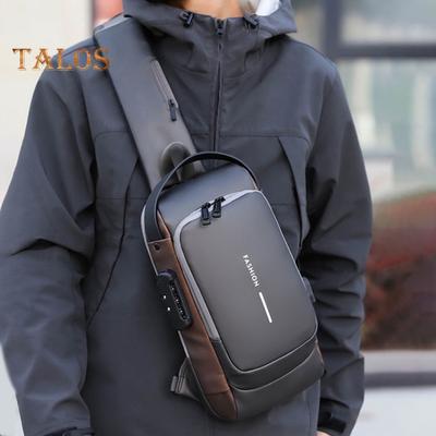 Sac à dos de poitrine pour homme, étanche, antivol, double fermeture éclair avec verrouillage par code, sac à bandoulière, port de chargement USB, sac à dos de voyage en plein air portable multicouche