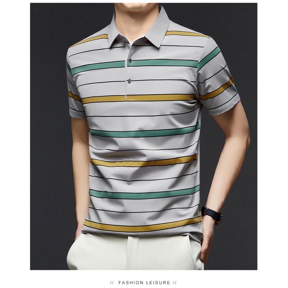 Short Sleeved Men's Polo Shirt Summer New Business Casual Striped Thin Ice Silk T-shirt Base Shirt