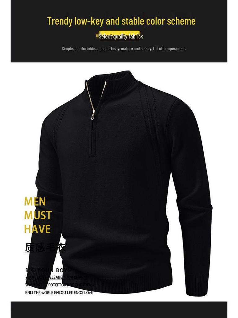 Men's Solid Color Stand Collar Half-Zip Sweater for Autumn/Winter - European & American Casual Knit Pullover