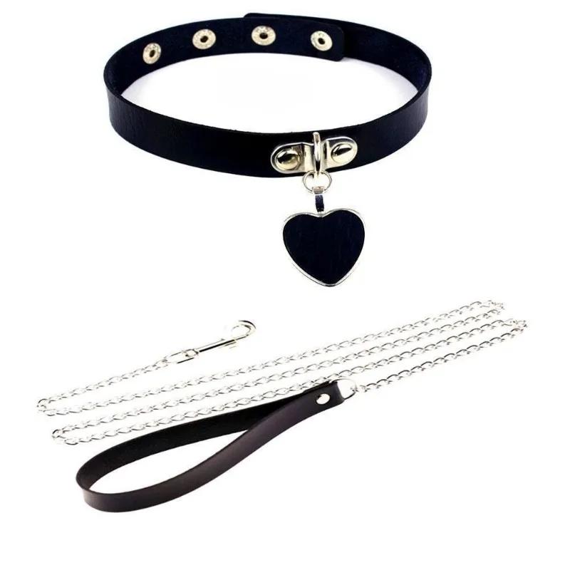 Sexy Necklace Collar Leather  Cosplay Heart Collars And Leash Set For Women Bondage Gothic Choker Accessories