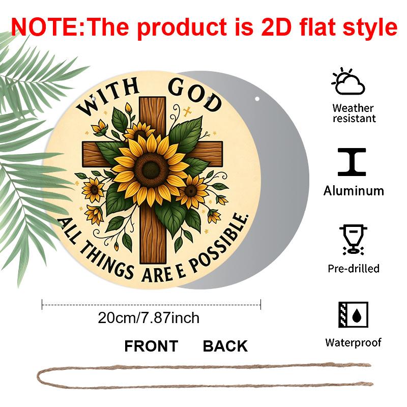 2D Flat, 1pc Interesting Vintage Round Aluminum Sign: Sunflower Cross Theme, Yard, Room, Office, Country Farm Decoration Garden Decoration Club