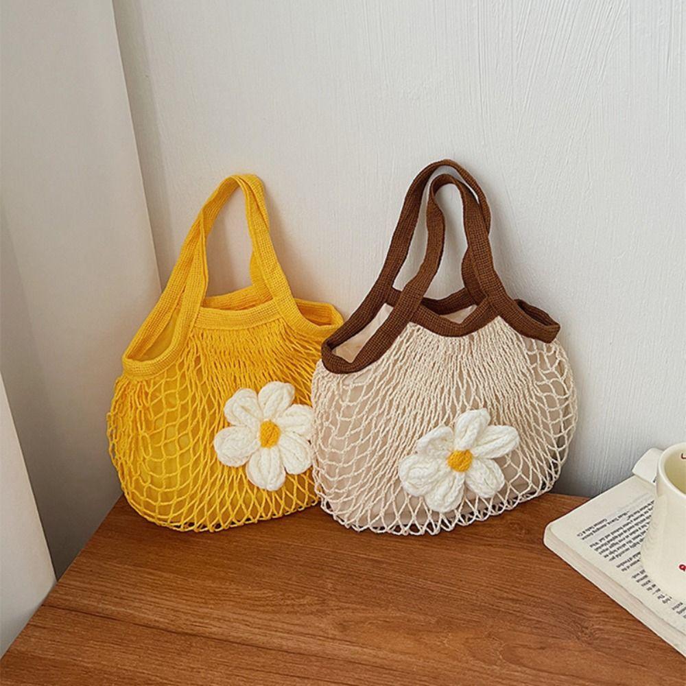 Summer Woven Handbag Flower Nylon Mesh Tote Bag Sweet Grocery Bag  Women