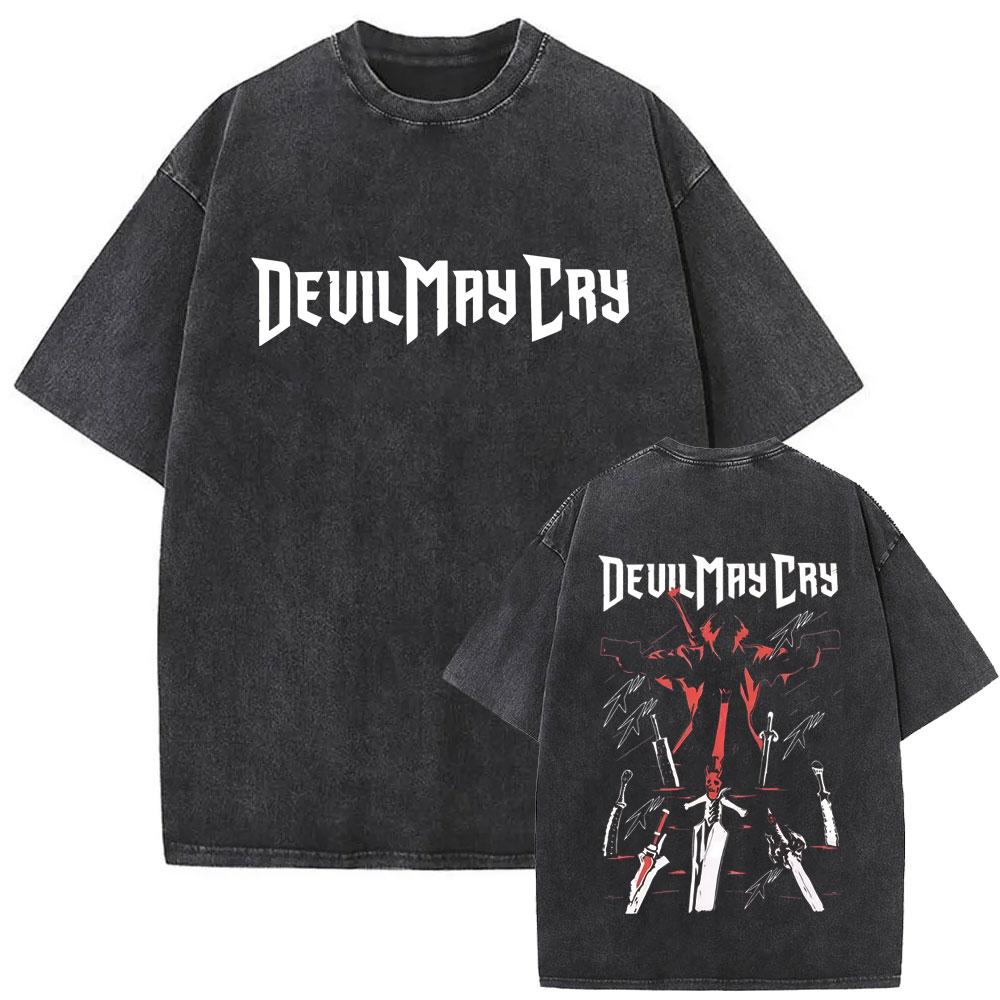 Game Devil May Cry Dante Retro Washed T Shirt Men Women Vintage Gothic Oversized Tshirt Mens Casual Cotton Tshirts Streetwear