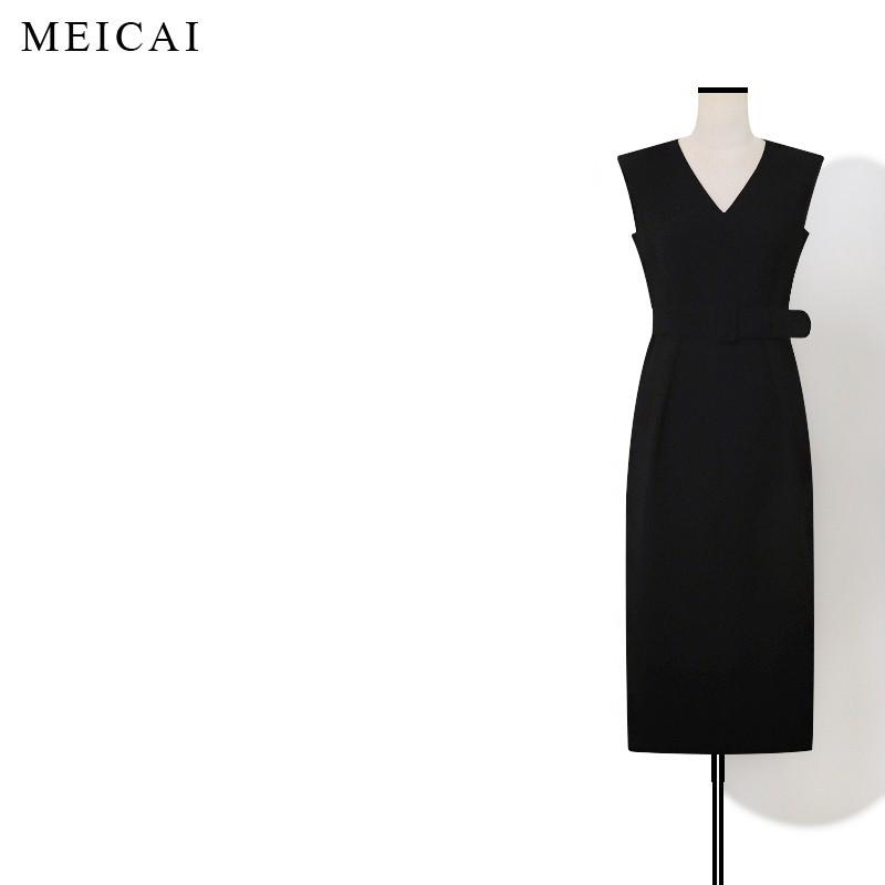 Triacetate Black V-Neck Minimalist Long Slit Dress L (58-62.5 kg)