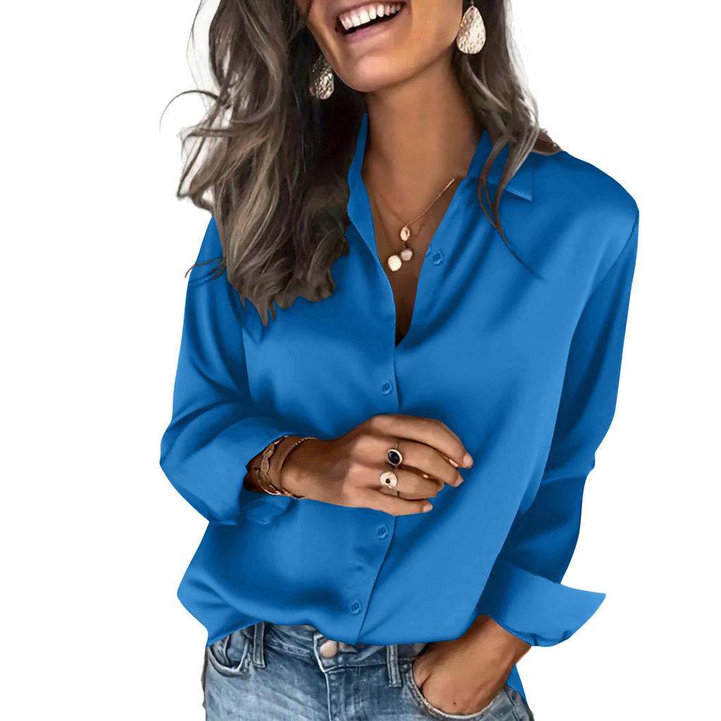 Women's Fashion Casual Solid Color Split Button Long Sleeve Shirt Top