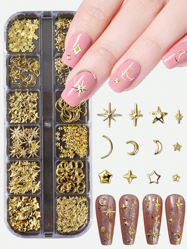 12 Grids Gold Moon Star Metallic Nail Charms 3D Y2K Jewelry Rhinestones Steel Ball Nail Art Decoration Manicure Supply Diy Nail Supplies