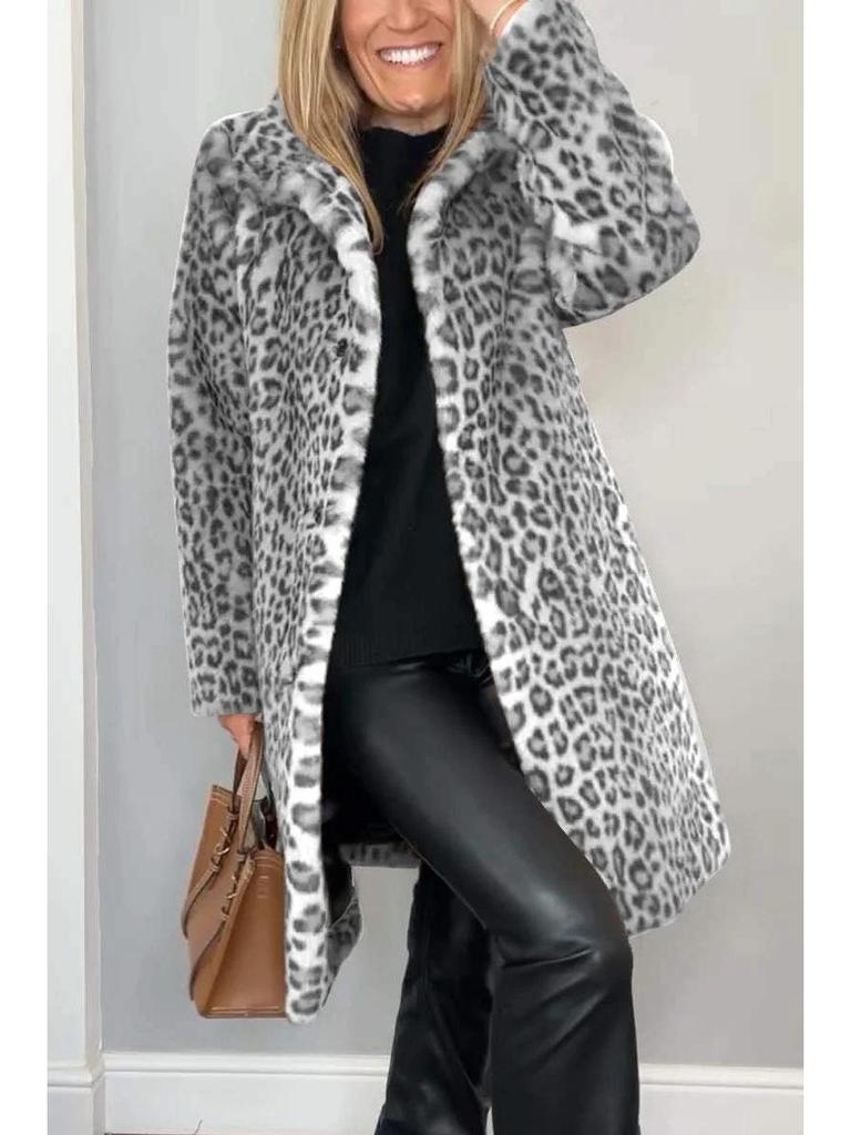 2024 Winter Women's Fashion Leopard Print Faux Fur Coat