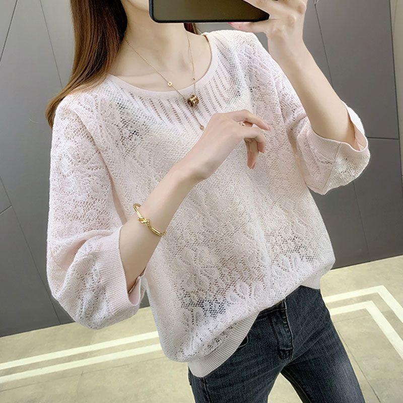 

Женская летняя ажурная базовая блузка, свободный и тонкий трикотажный топ для верхней одежды 3XL