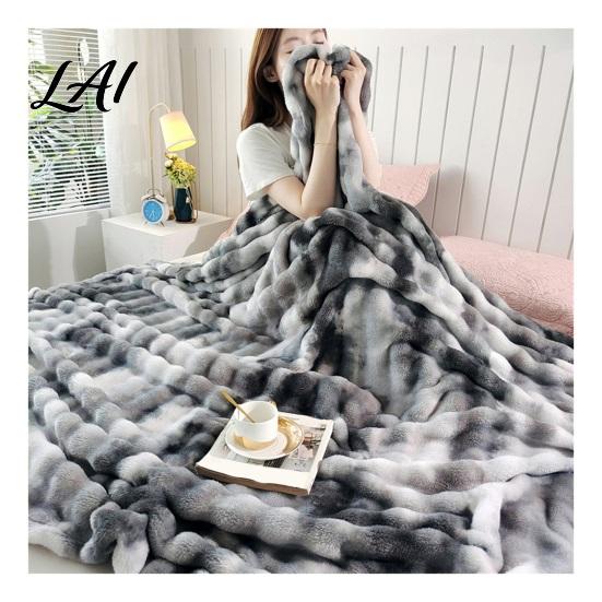 Soft Fuzzy Bed Blanket 3D Bubble Plush Throw Blanket Tie Dye Faux Rabbit Fur Texture Skin Friendly Feel Fleece Warm Cozy Decorative Cover for
