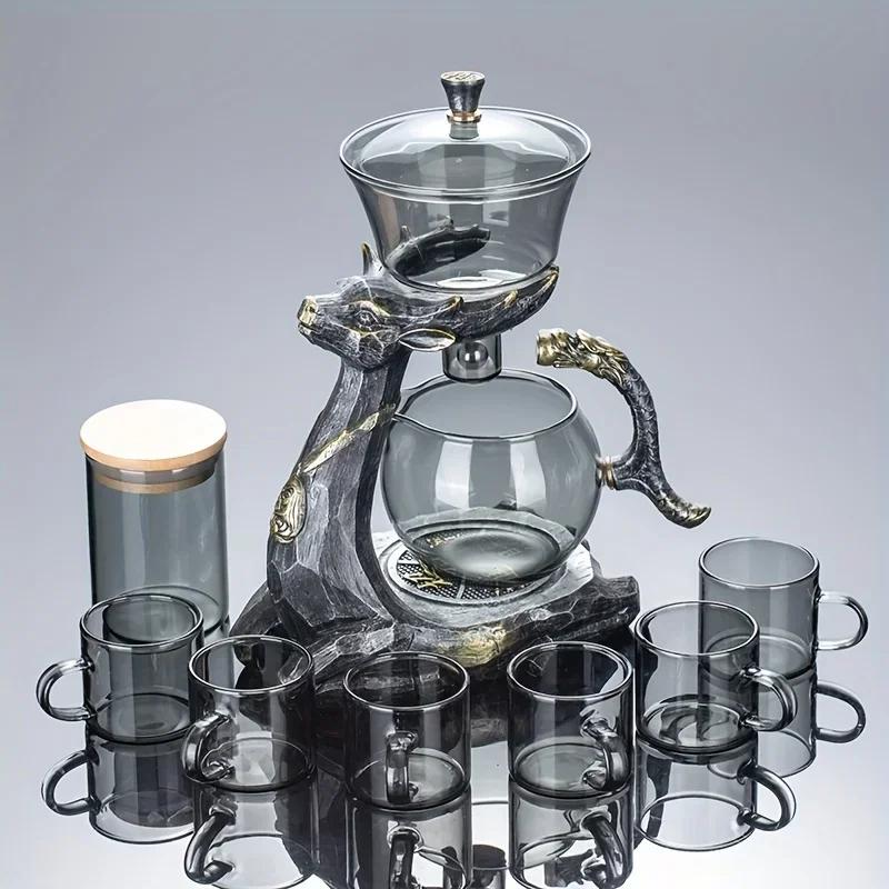 1 Set Silvery Deer Glass Automatic Tea Set Lazy Tea Set Semi-automatic Drip Glass Teapot Magnetic Water Diversion Teapot With 6