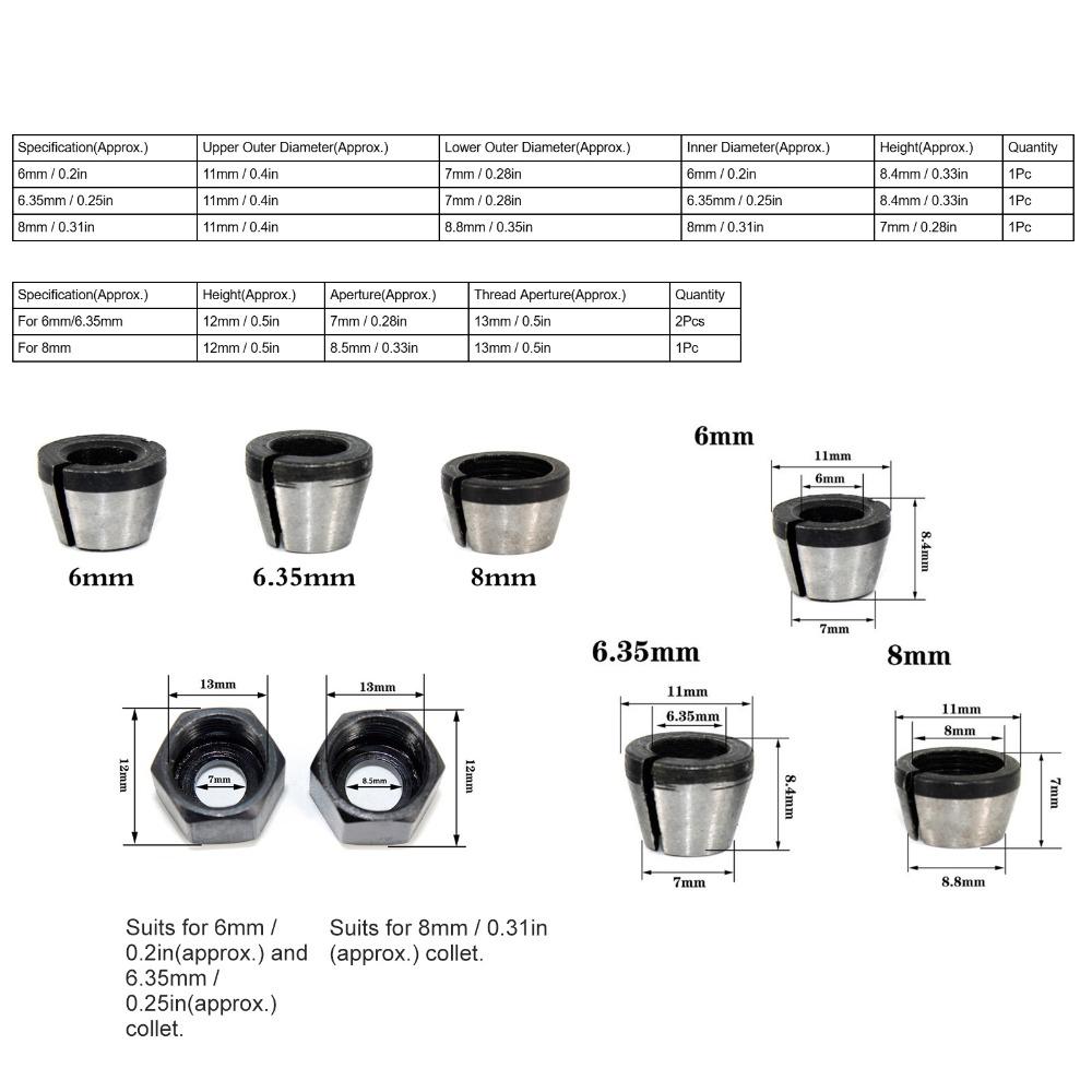 6 Pcs 6mm / 6.35mm / 8mm Router Collet Chuck Carbon Steel with Screw Nuts Chuck Adapter Electric Router Clamp
