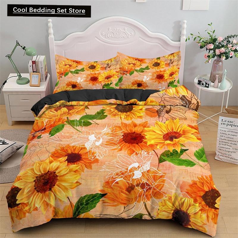3D Sunflower King Queen Duvet Cover Yellow Flowers Bedding Set  Floral Green Leaves Comforter Cover 2/3pcs Polyester Quilt Cover