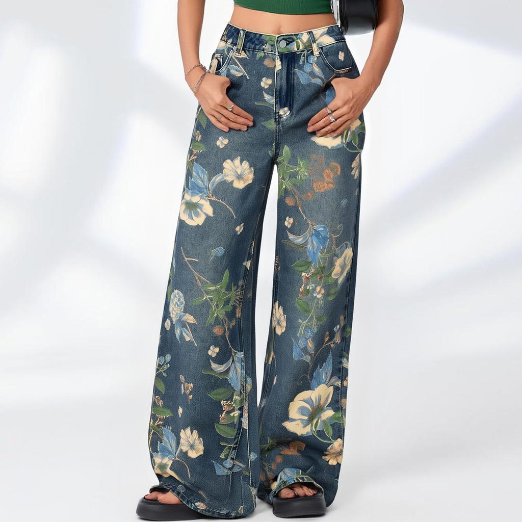 Damskie Retro Luźne Jeansy z Kwiatowym Wzorem