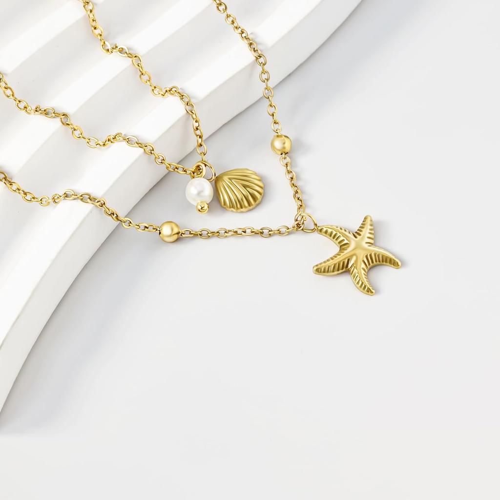Women Shell Necklace 14k Gold Plated Stainless Steel Layered Starfish Conch SeaShell Pearl Charm Necklace Summer Beach Jewelry