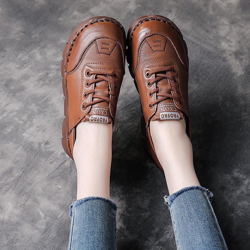 Women's Genuine Leather Retro Wedge Shoes - Comfortable Cowhide Soft Sole, Ideal for Spring and Autumn.