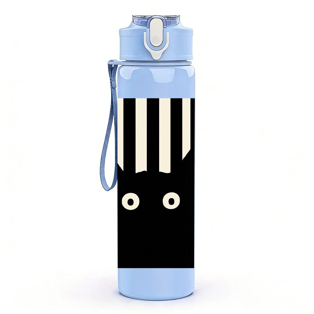 1PC Striped Background Black Cat Face 750ml Color Plastic Sports Water Bottle Leakproof Flip Straw Lid For Sports Office Home Use