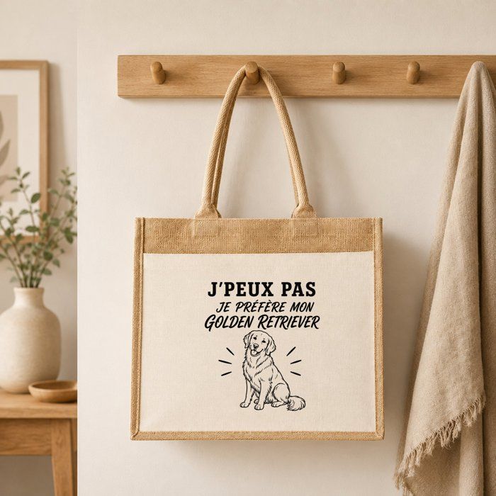 Sac cabas - PLANETEE - Collection J'peux pas minimaliste - Toile de jute &amp; coton - Motif Golden Retriever - 43×33×21 cm (21 L)