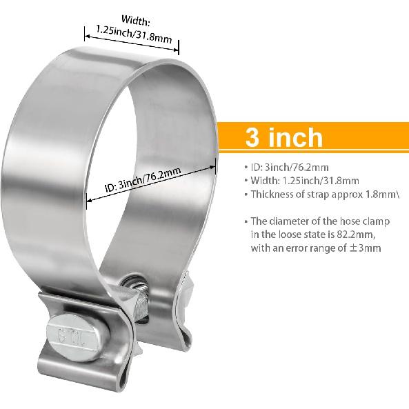 TIROL 3 Exhaust Clamp 3 Inch Exhaust Clamp Stainless Steel Narrow Band Muffler Clamp For 3" OD Exhaust Pipe, Muffler Pipe 2Pcs