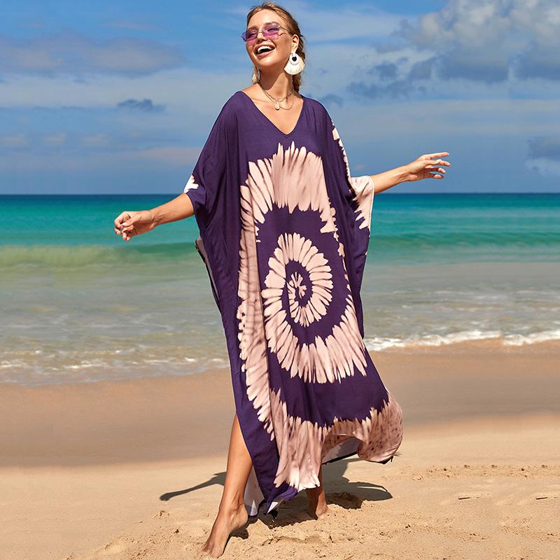 Kaftan Beach Dress Rayon Women Boho Colorful Printed Plus Size Maxi Summer Bathing Suit Cover Up