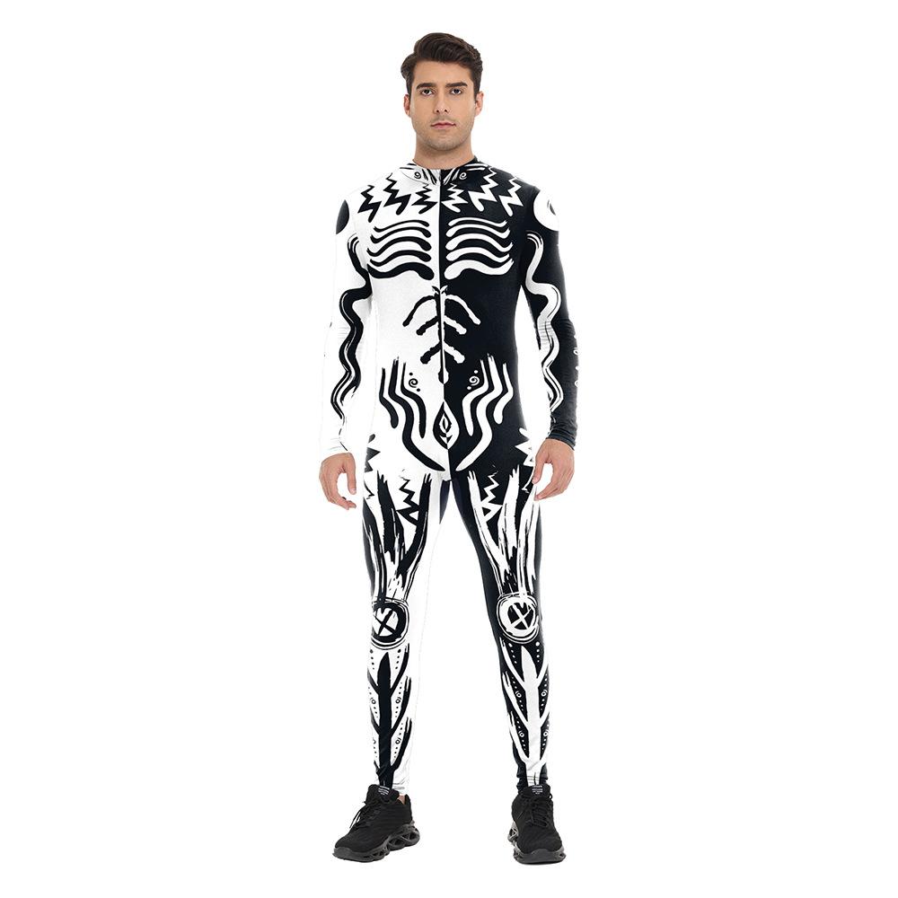 Black and White Clown Human Muscle Skull Skeleton Halloween Cosplay Costume Adults Men Party Body Digital Print Tights Onesie