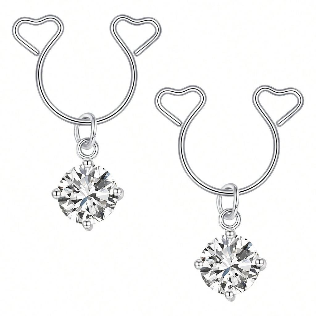 2 Pezzi Anello Finto Capezzolo a Forma di Cuore con Pendente Acciaio Inossidabile Anelli per Capezzoli Senza Perforazione Clip On Anelli per Capezzoli Piercing Finto per il Corpo
