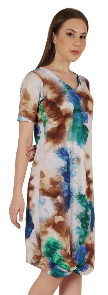 Moomaya Cotton Jersey Printed Midi Dress For Women V-Neck Summer Short Sleeves Knee Length