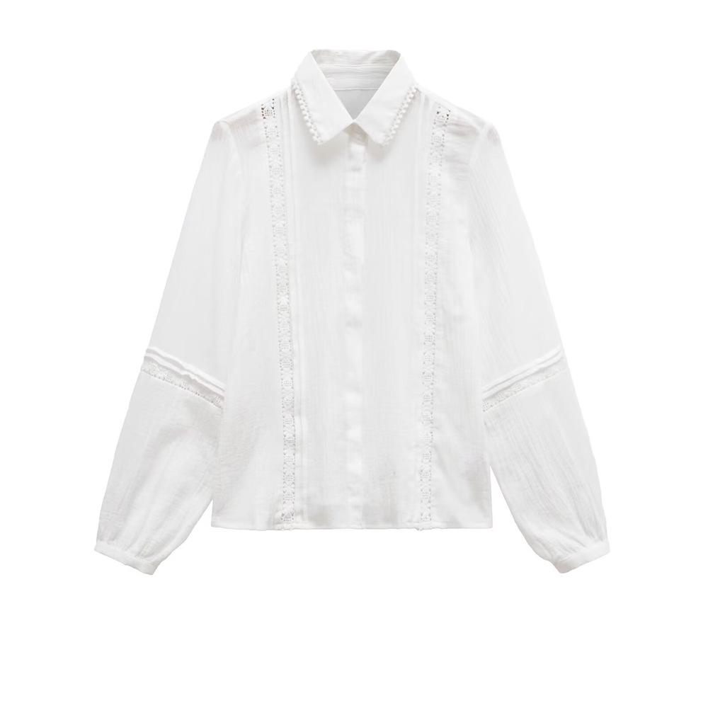 

2025 Spring Women s Casual Lace Patchwork Turn-Down Collar Shirt Small