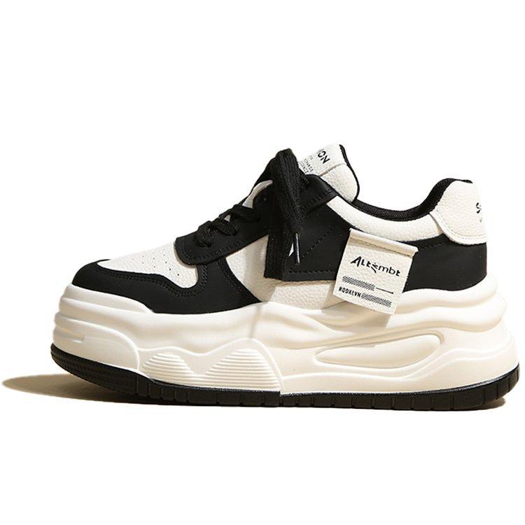 Inner height-increasing women's shoes leather 2025 spring new versatile thick-soled small man black and white muffin white shoes women's board shoes