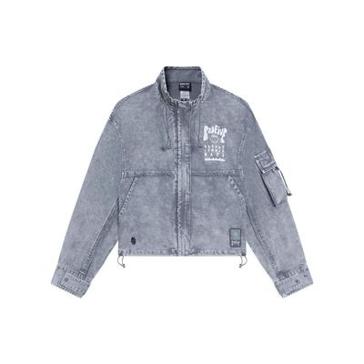 Li Ning Badfive Série Femme Motif Imprimé Coupe Tridimensionnelle Ample Veste en Jean Délavé Femme Veste Grise AJDS336-1